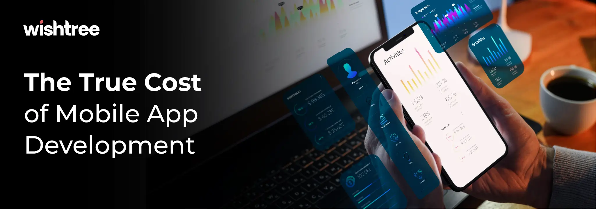 Hands holding a smartphone with floating financial charts and development metrics, symbolizing the cost of mobile app development.