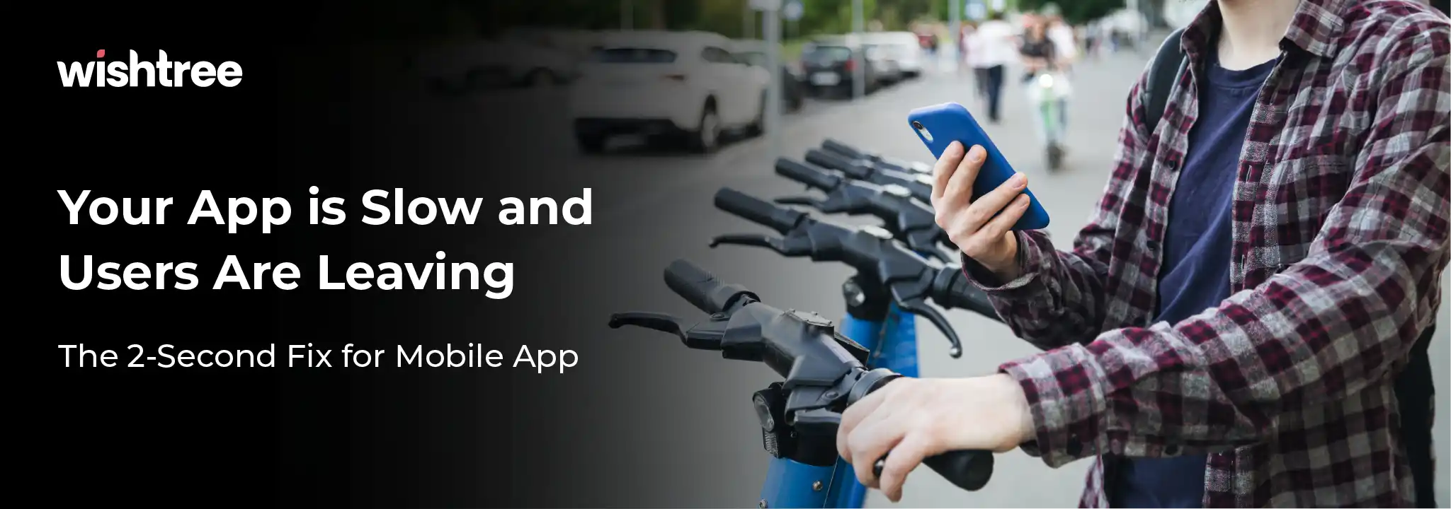 Person using a slow mobile app on a smartphone to rent a shared electric scooter, illustrating mobile app performance issues and user frustration.