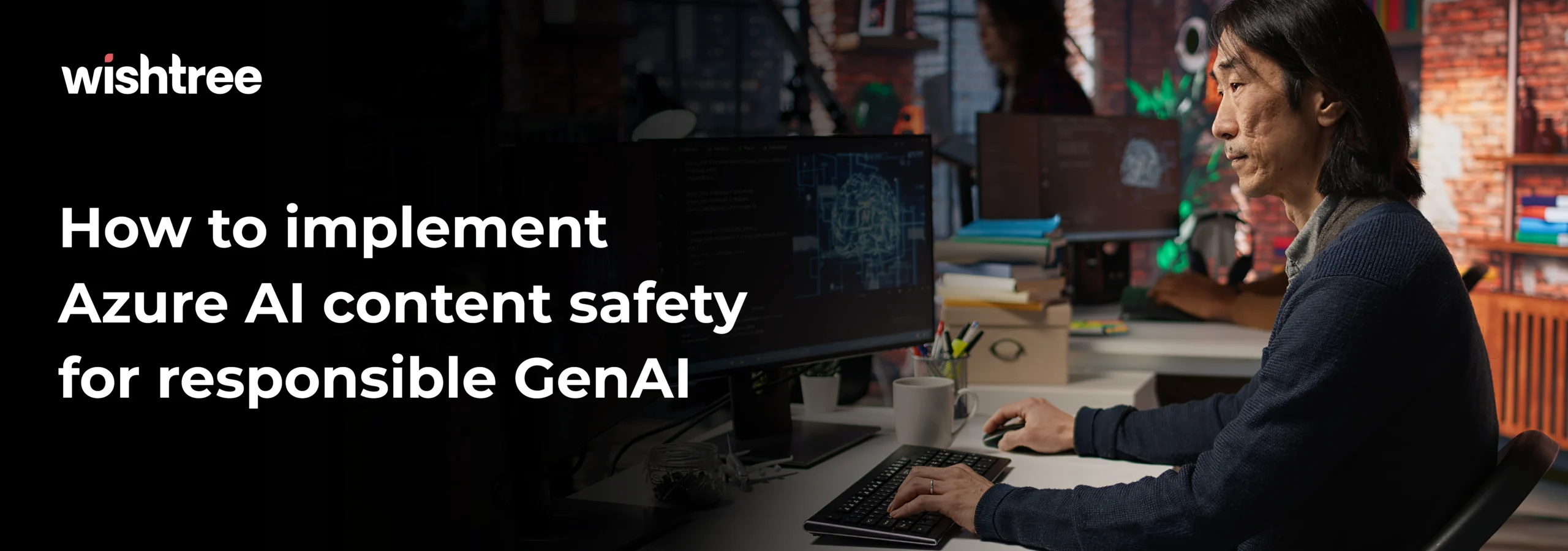 Developer coding at a computer, symbolizing the technical implementation of Azure AI content safety for responsible Generative AI (GenAI).