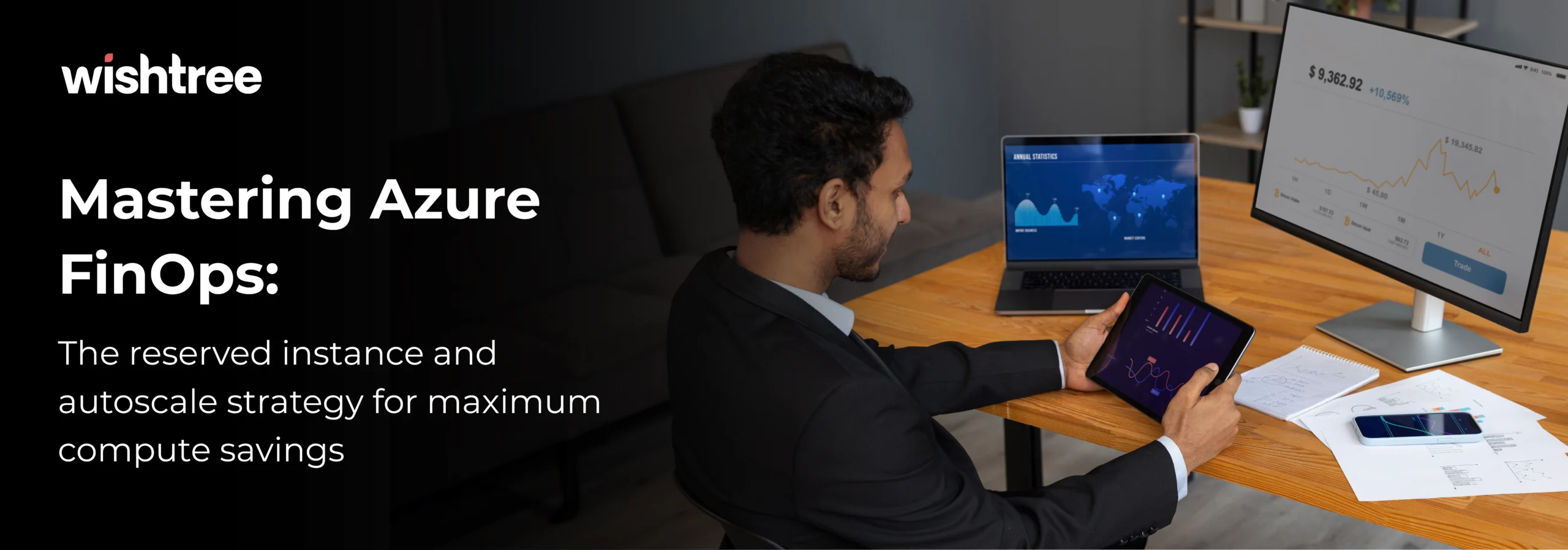 Business professional reviewing financial data and charts on multiple screens, symbolizing Azure FinOps, cloud cost management, and compute savings strategies.