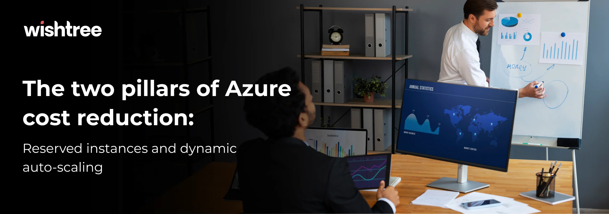 Business professionals analyzing data and charts on a whiteboard and monitor, representing Azure cost reduction strategies using Reserved Instances and dynamic auto-scaling.