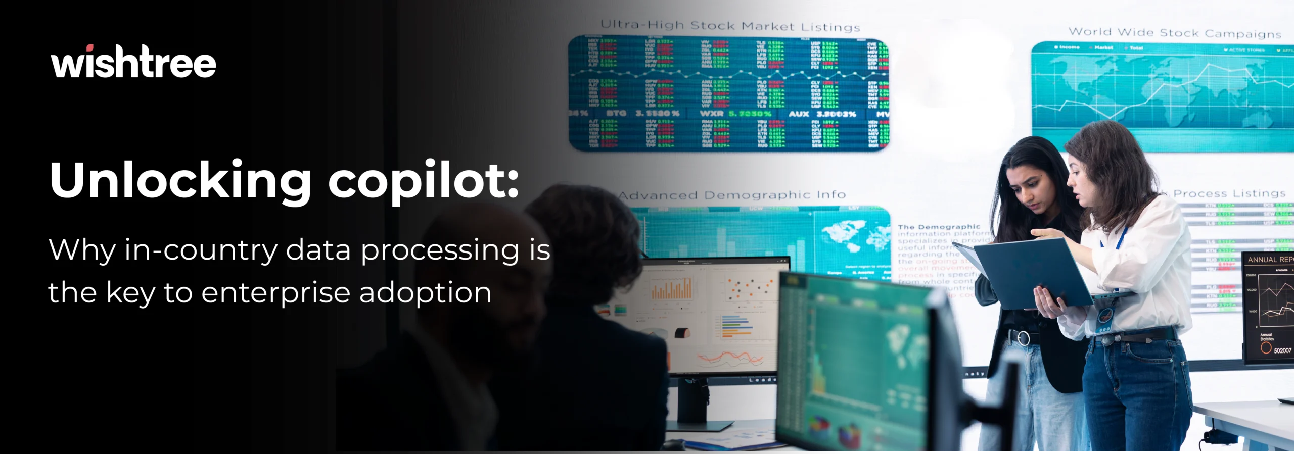 Professionals reviewing large digital screens displaying financial data and charts, illustrating the need for Azure AI content safety and data compliance in Generative AI.